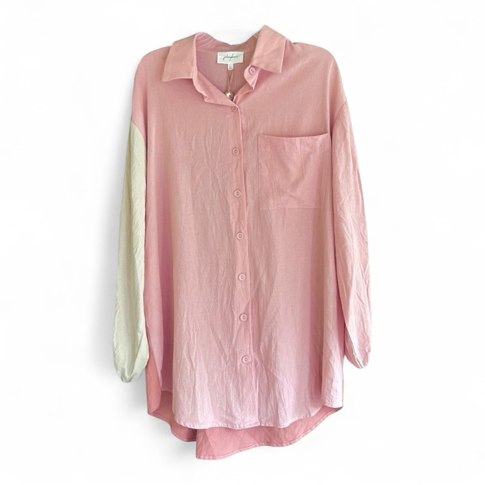 NWT JOHNNY BECCA Colorblock Button Down Tunic  Shirt Oversized Lagenlook | Sz L